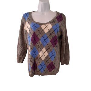 Tweeds nwt sweater womens L gray argyle 2 ply pullover 100% cashmere 3/4 sleeve